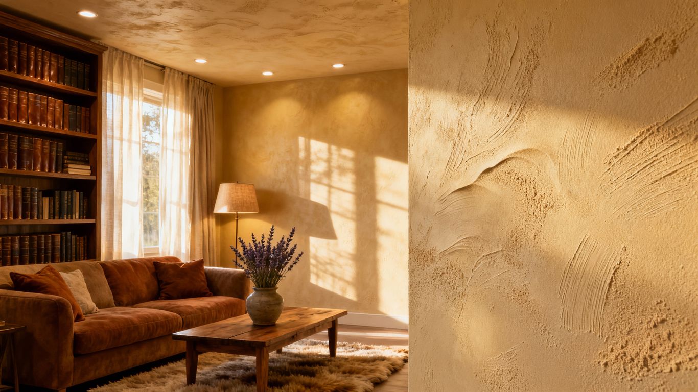 Cozy living room with textured drywall.