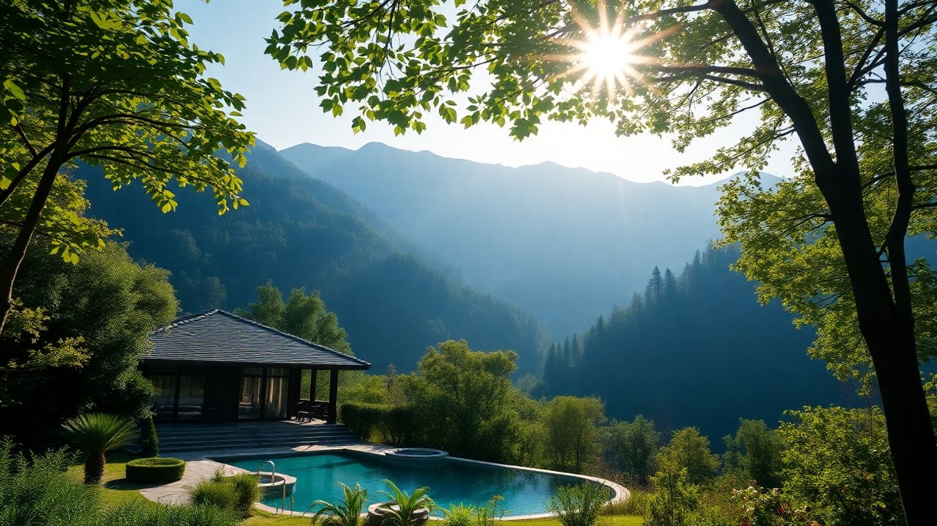 Luxurious mountain spa retreat with tranquil pool.