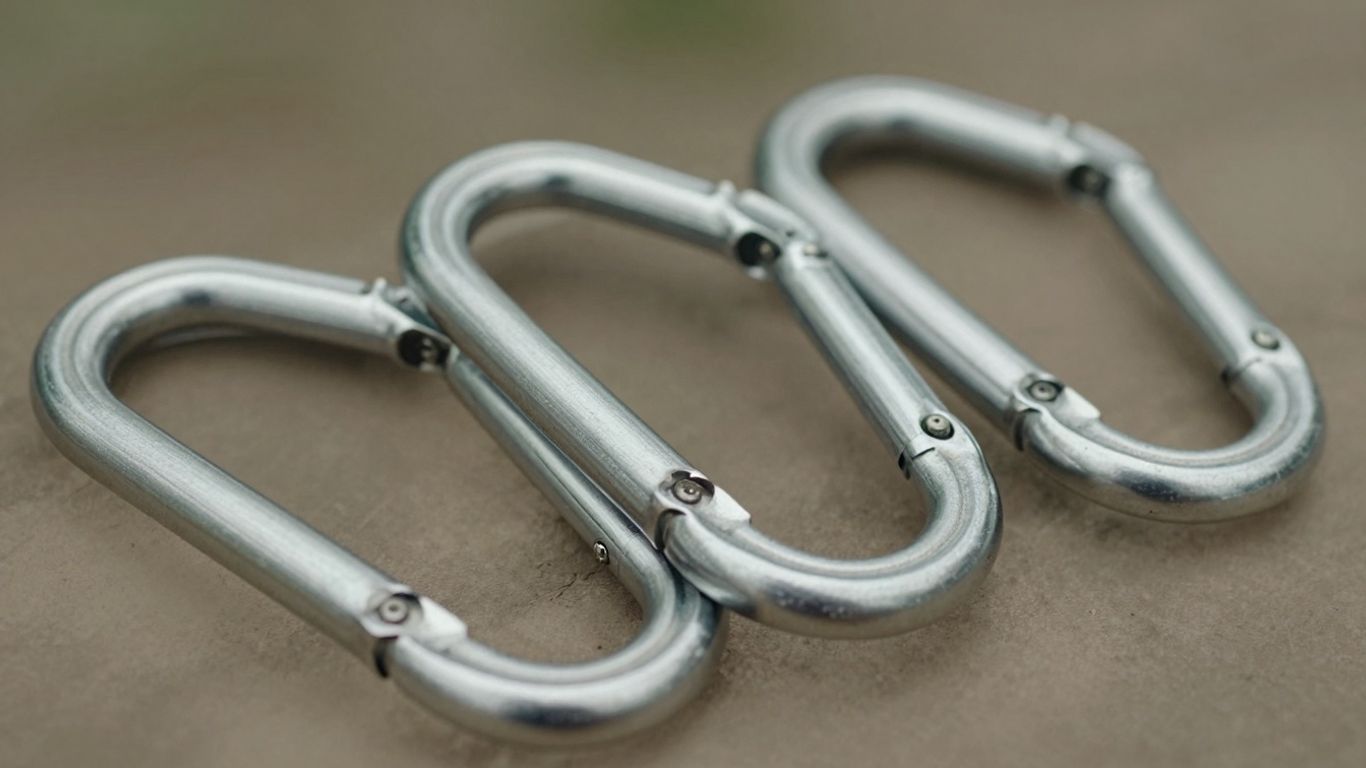 Durable metal carabiners for outdoor hammock use.