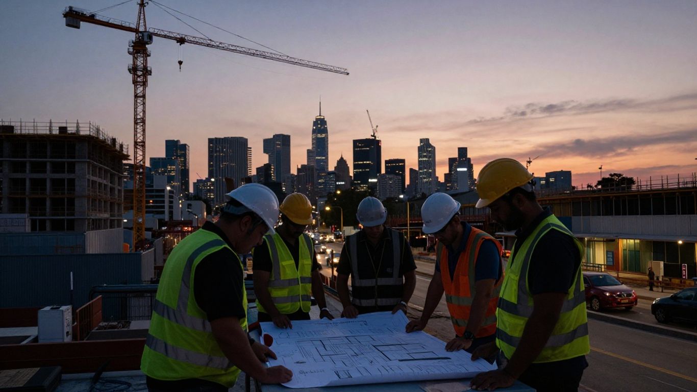 City skyline with construction workers and infrastructure.