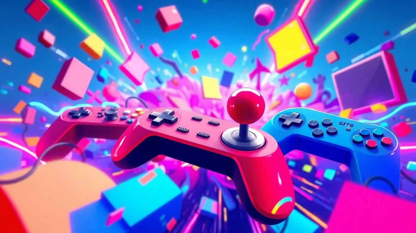 Explosion of game controllers and abstract shapes, game feeling.