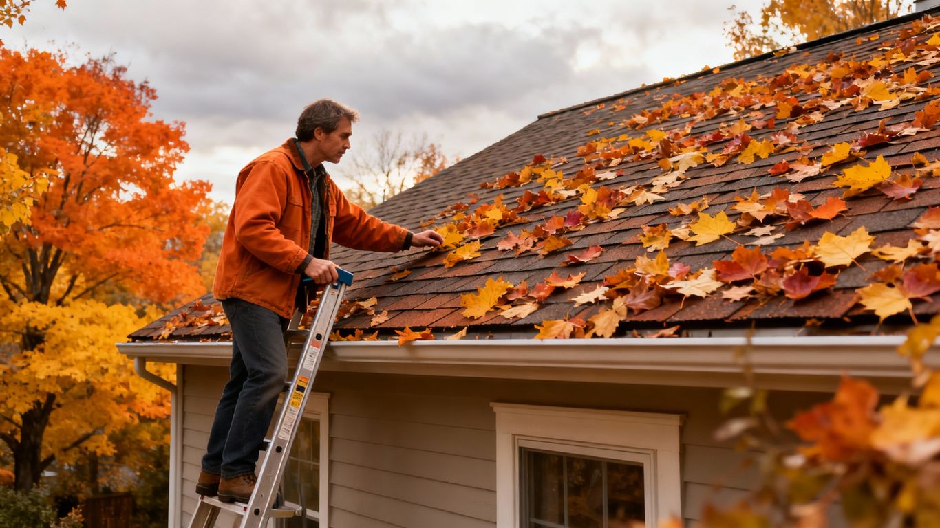 Homeowner inspecting leafy autumn roof with ladder outdoors