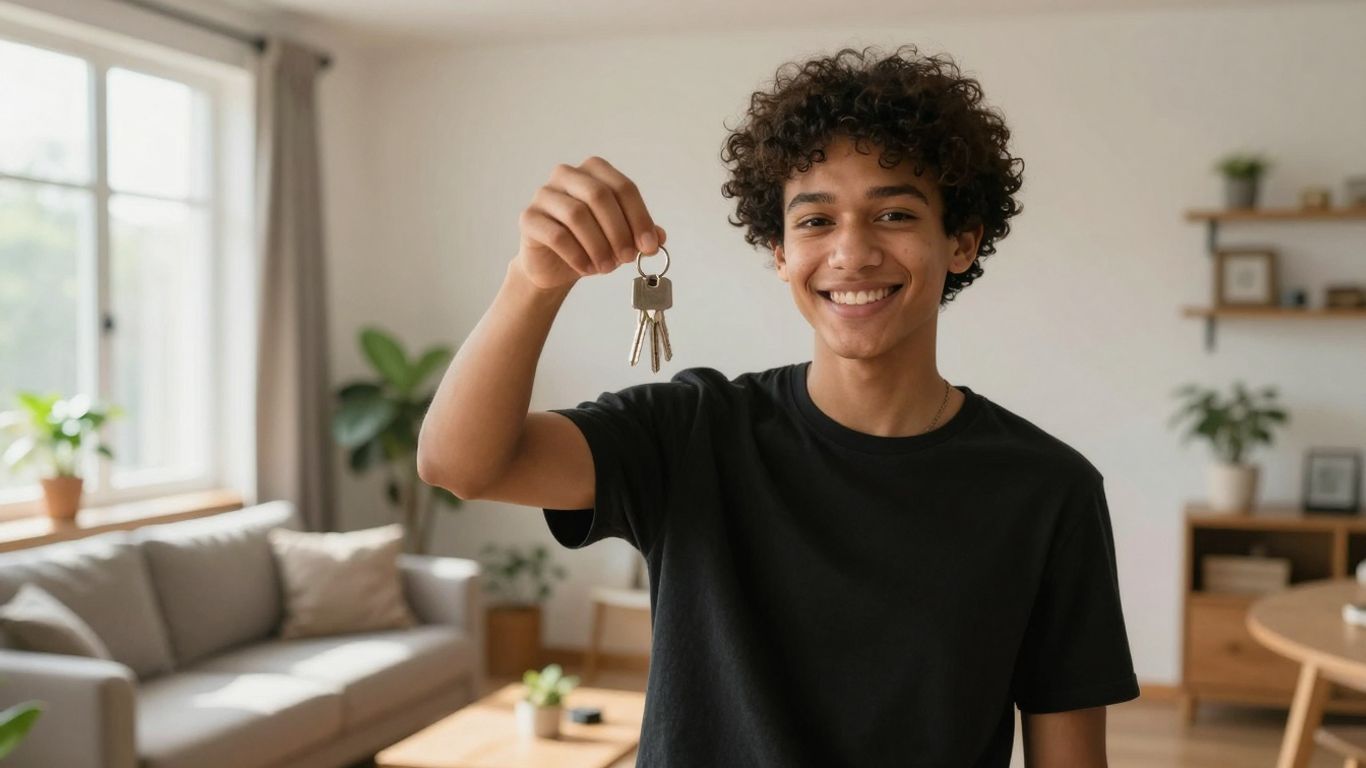 Persona feliz con llaves frente a un apartamento acogedor.