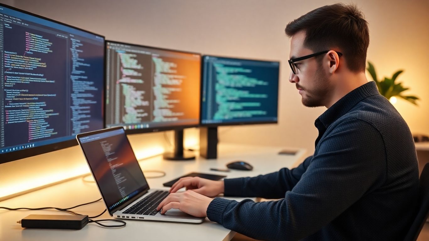 Full stack developer coding at modern workstation