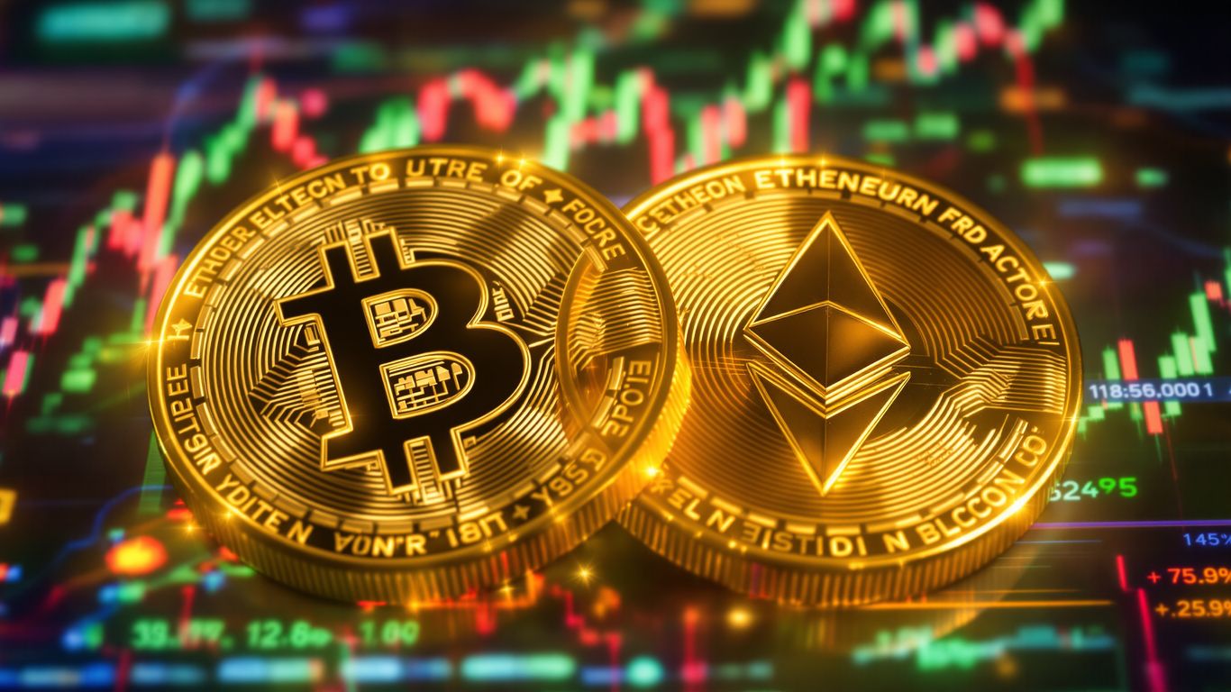 Bitcoin and Ethereum coins glowing together.
