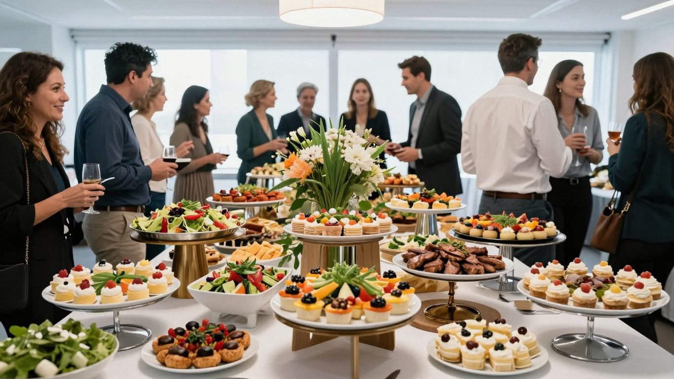 Elegant catering spread with diverse food options and happy guests.