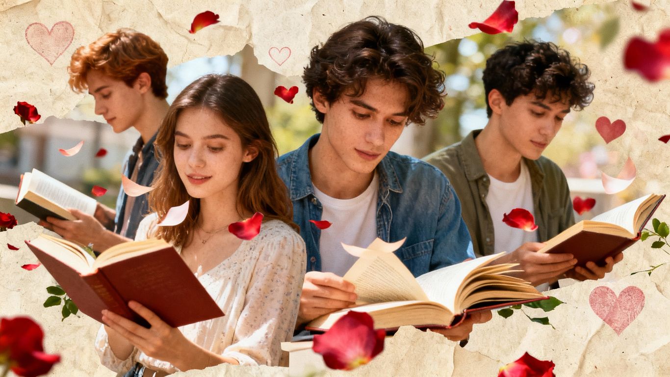 Young adults reading romance books with romantic lighting.