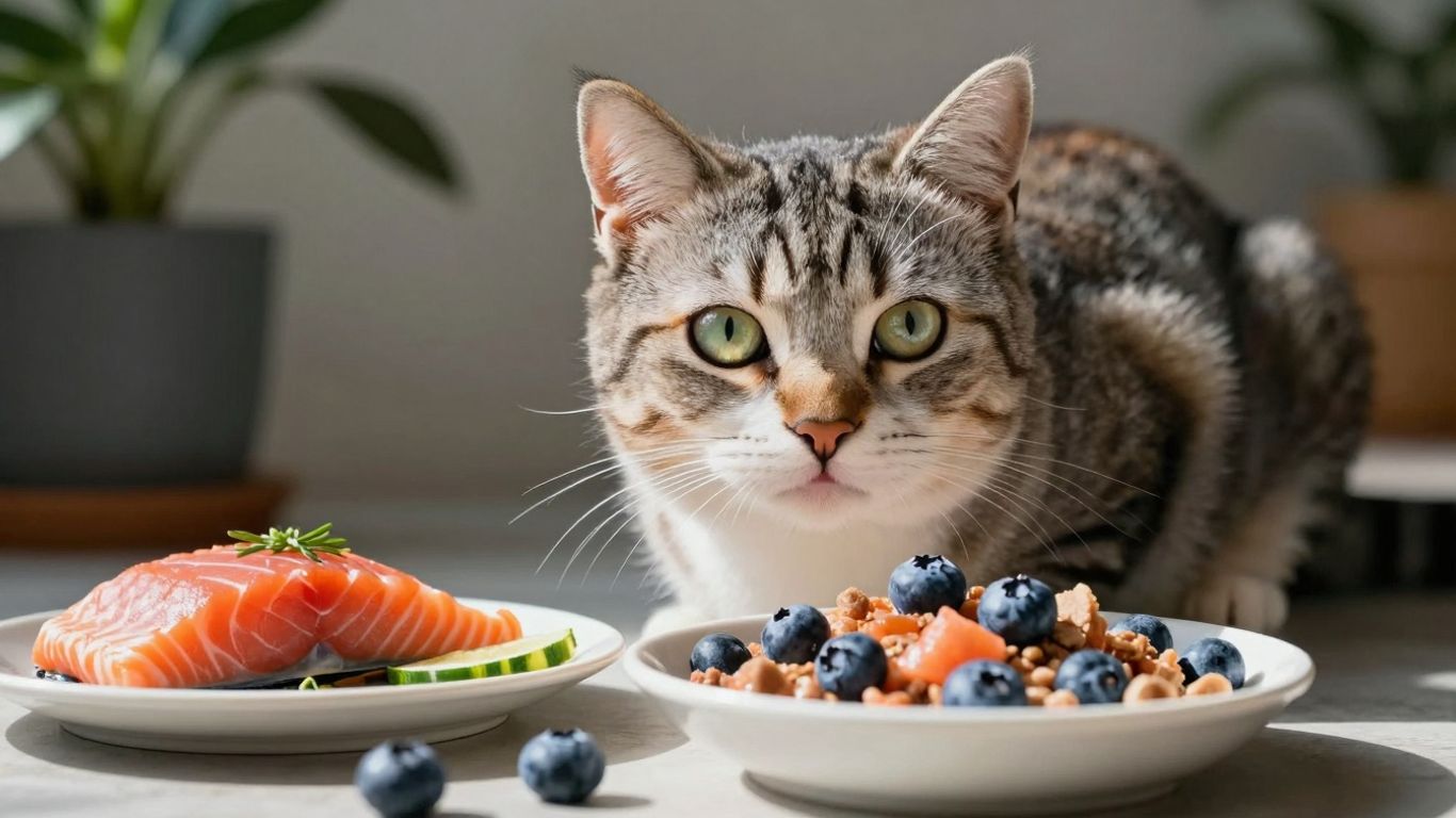 Cat eating healthy food, boosting immune system.