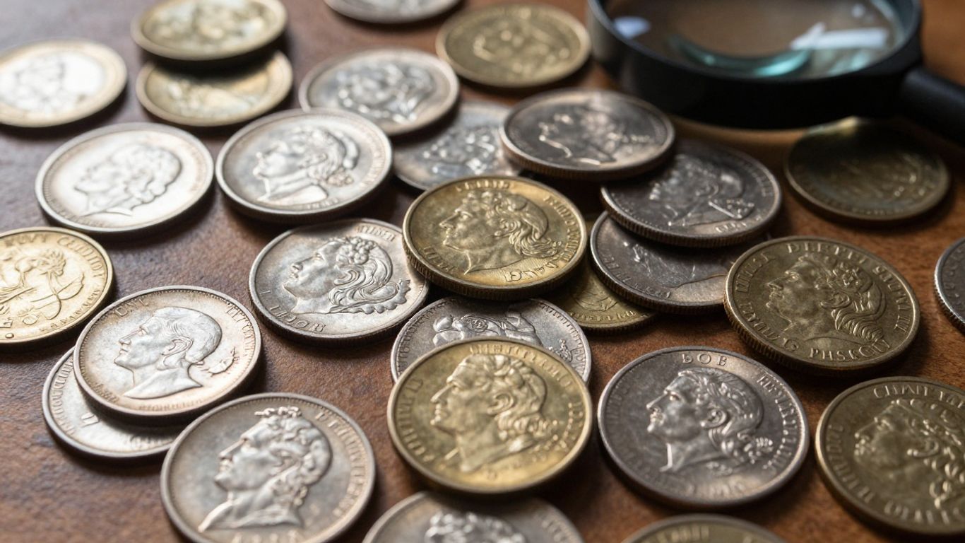 Close-up of various U.S. coins with a magnifying glass.