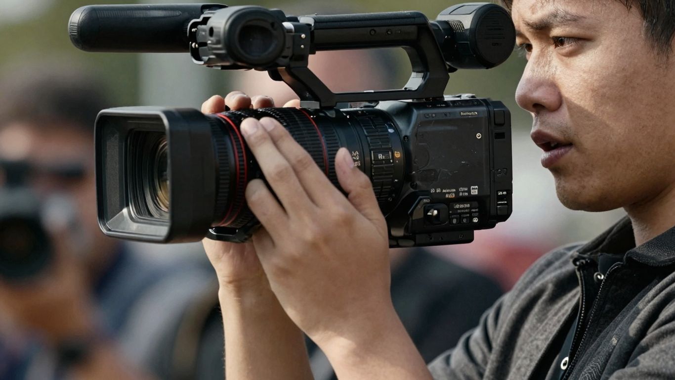 Person filming with a professional video camera.
