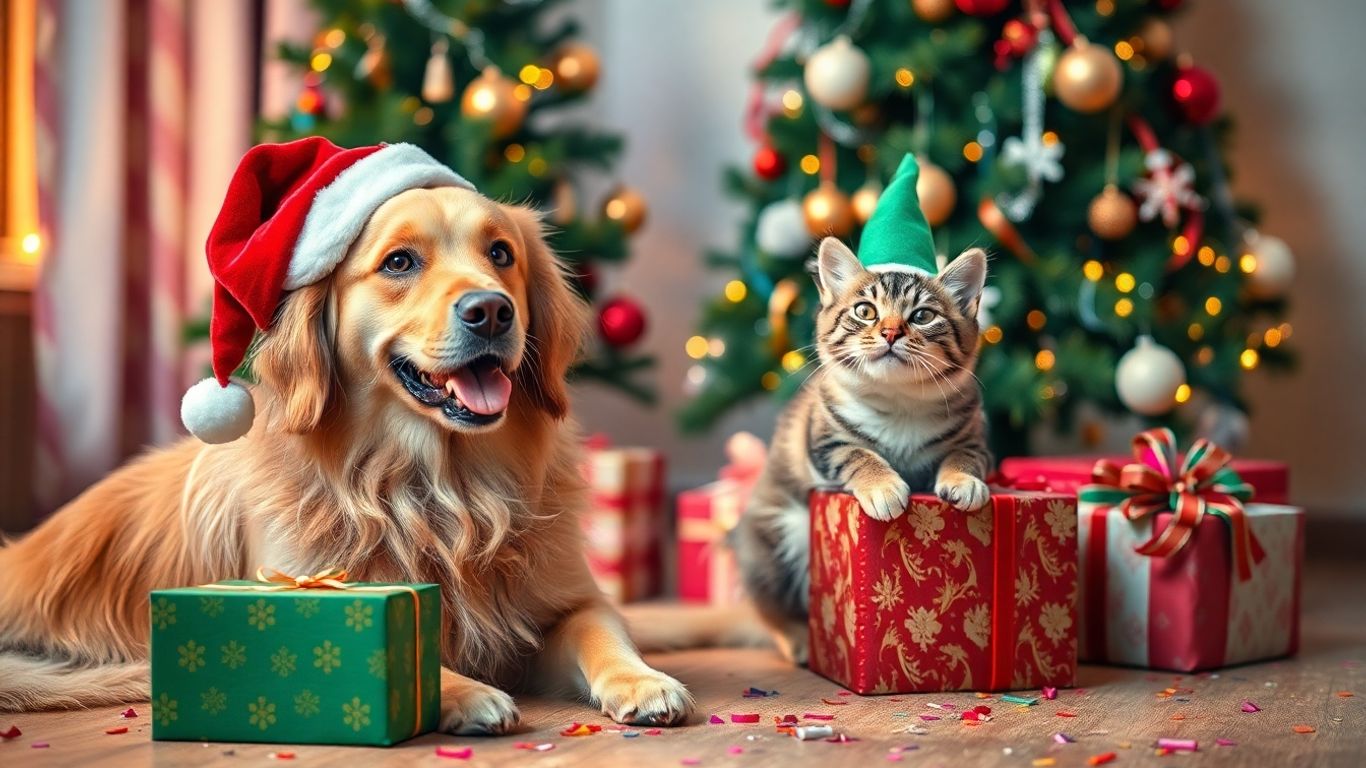 Pets celebrating a holiday party with festive decorations.