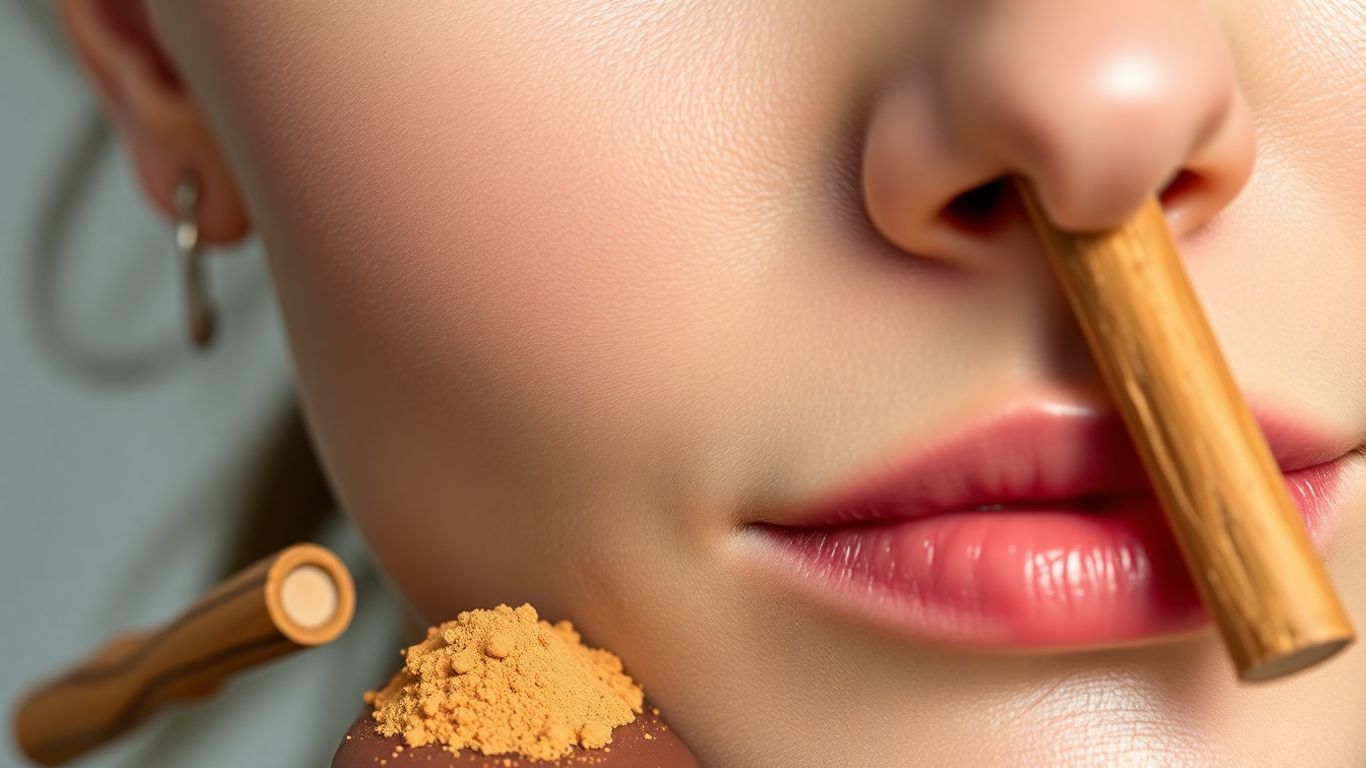 Woman's face with sandalwood for clear skin.