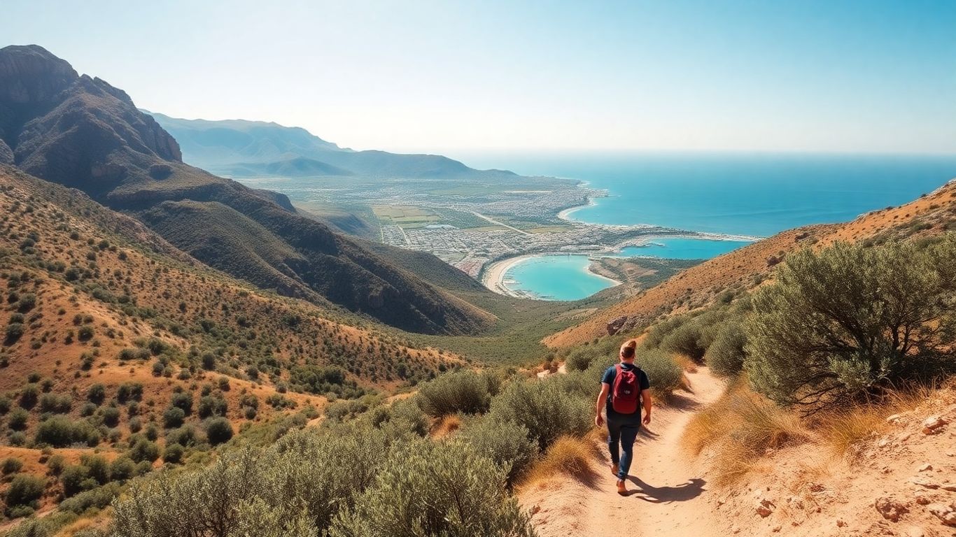 Rugged mountains and coastal town in Almería under a bright sun.