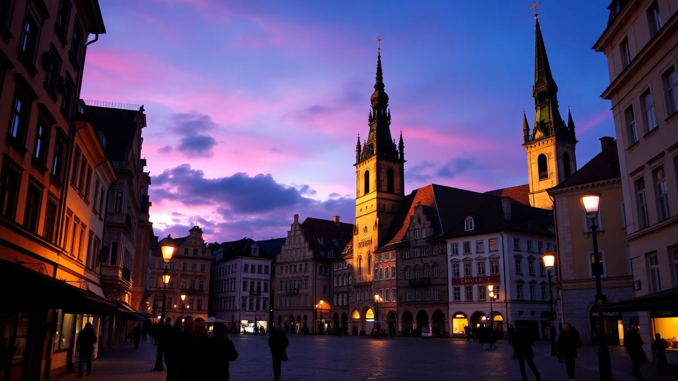 Prague's Old Town Square at dusk with illuminated clock.