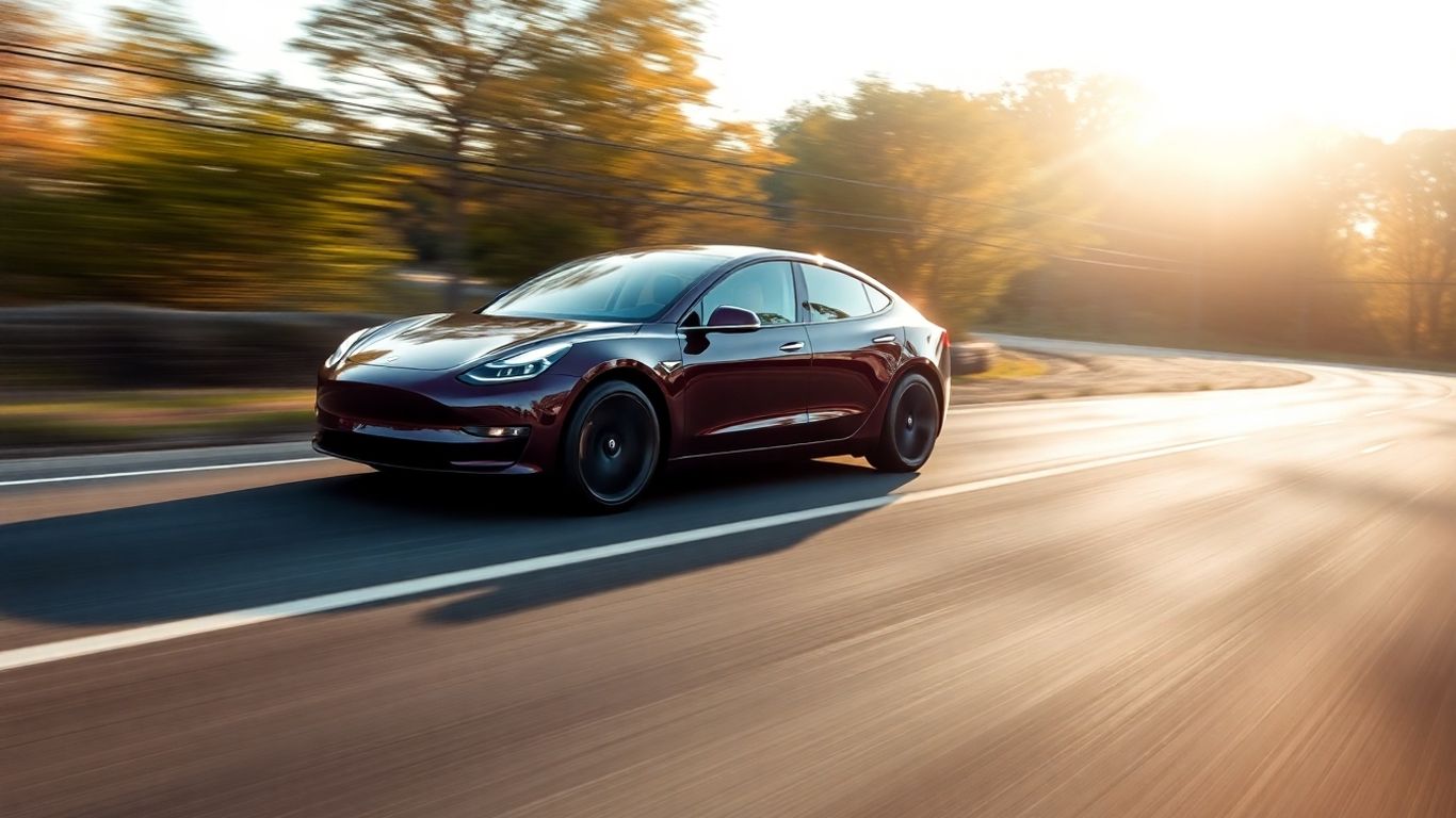 Tesla Model Y driving on a scenic road.