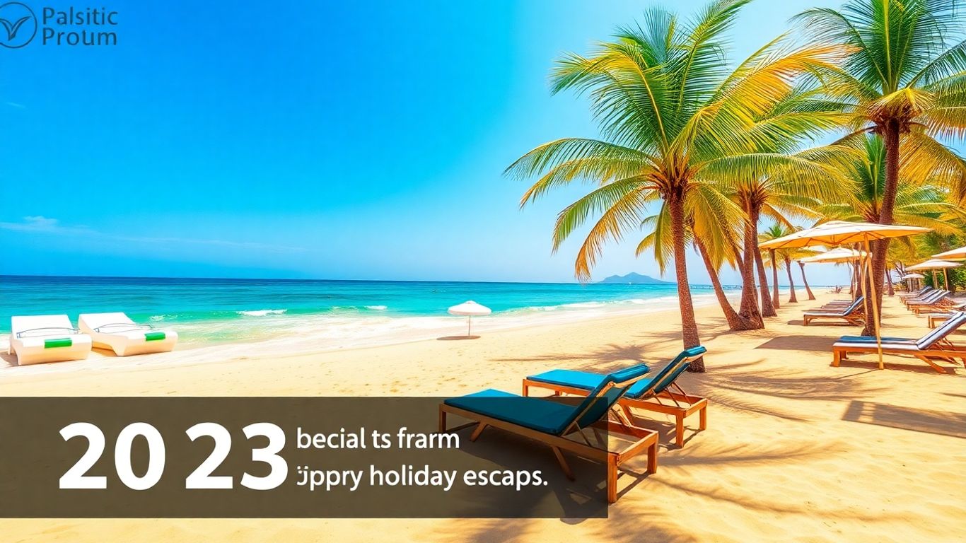 Sunny beach with loungers, palm trees, and clear water.