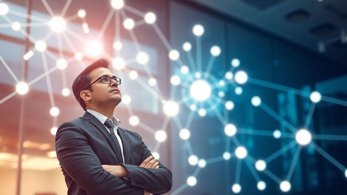 Blockchain professional looking towards a digital network.