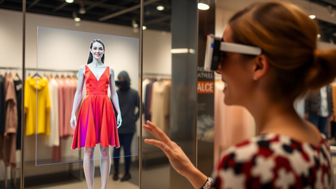 Woman virtually trying on a dress with AR technology.