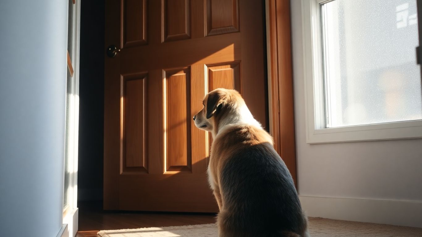 Calm dog by apartment door, sunlight streaming in.