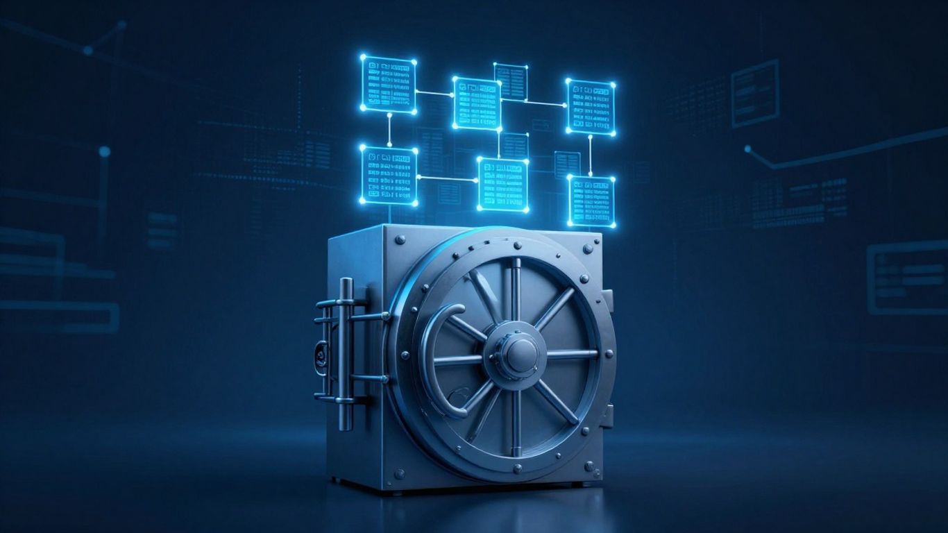 Registru digital descentralizat, stocare sigură, eficiență.