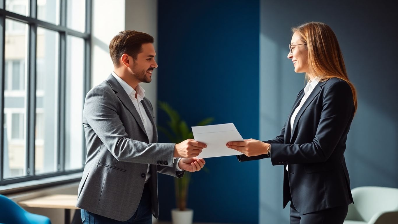 Zwei Geschäftsleute im Büro bei einer Vertragsunterzeichnung.