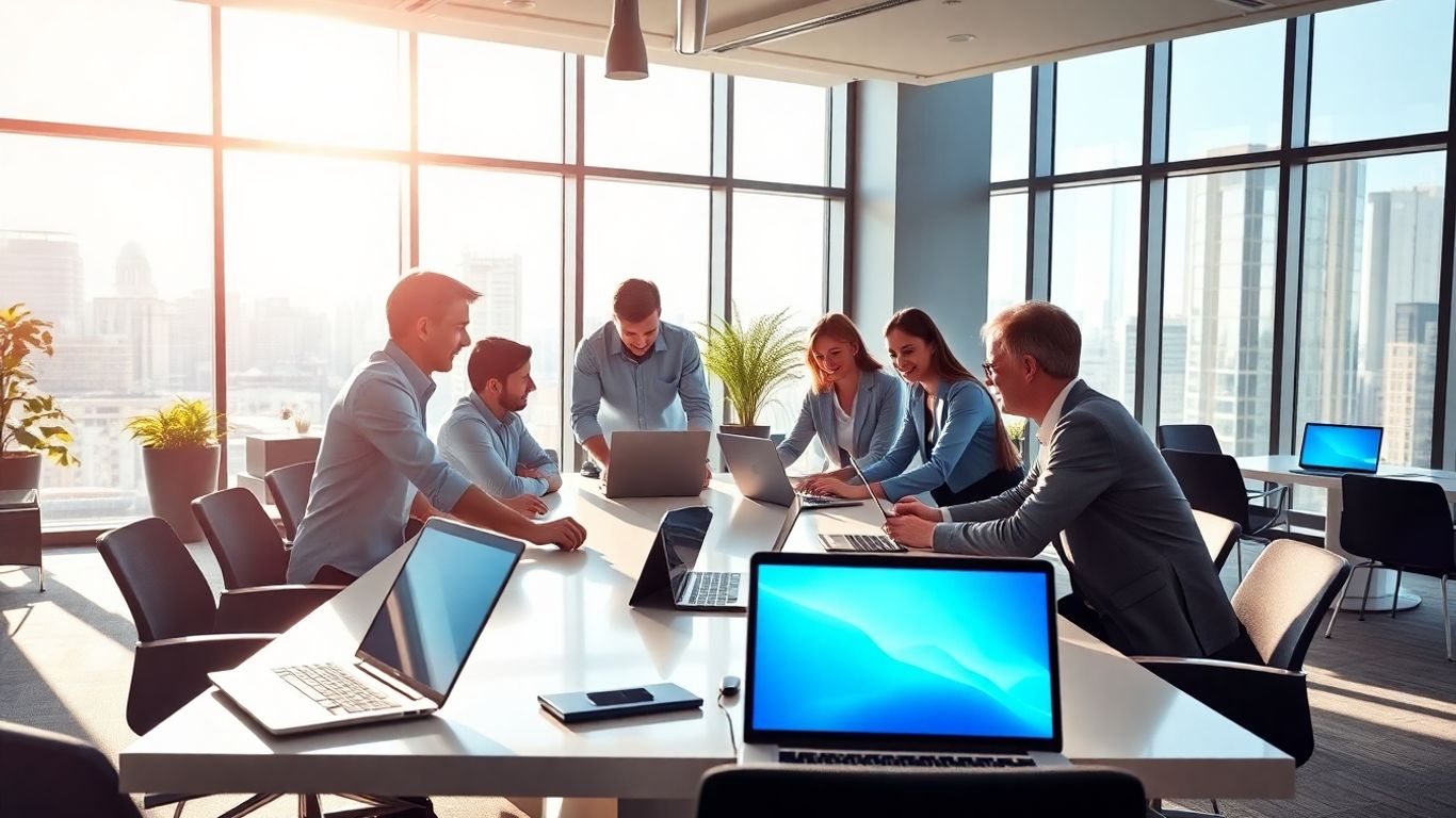 People working on laptops in a modern office.