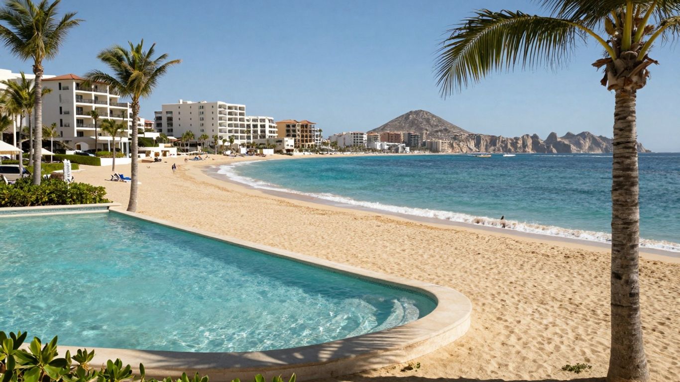 Cabo resort with private swimmable beach and palm trees.