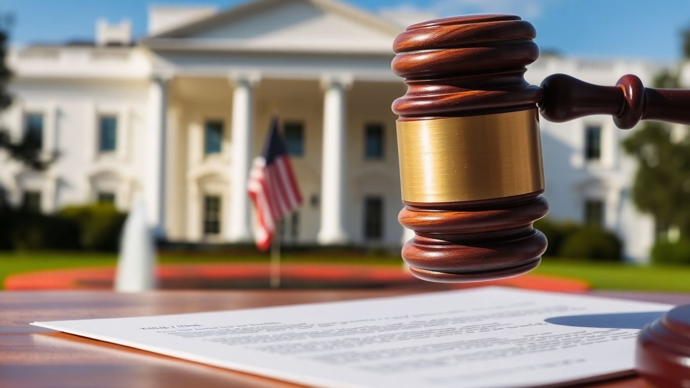 White House with gavel striking document, American flag background.