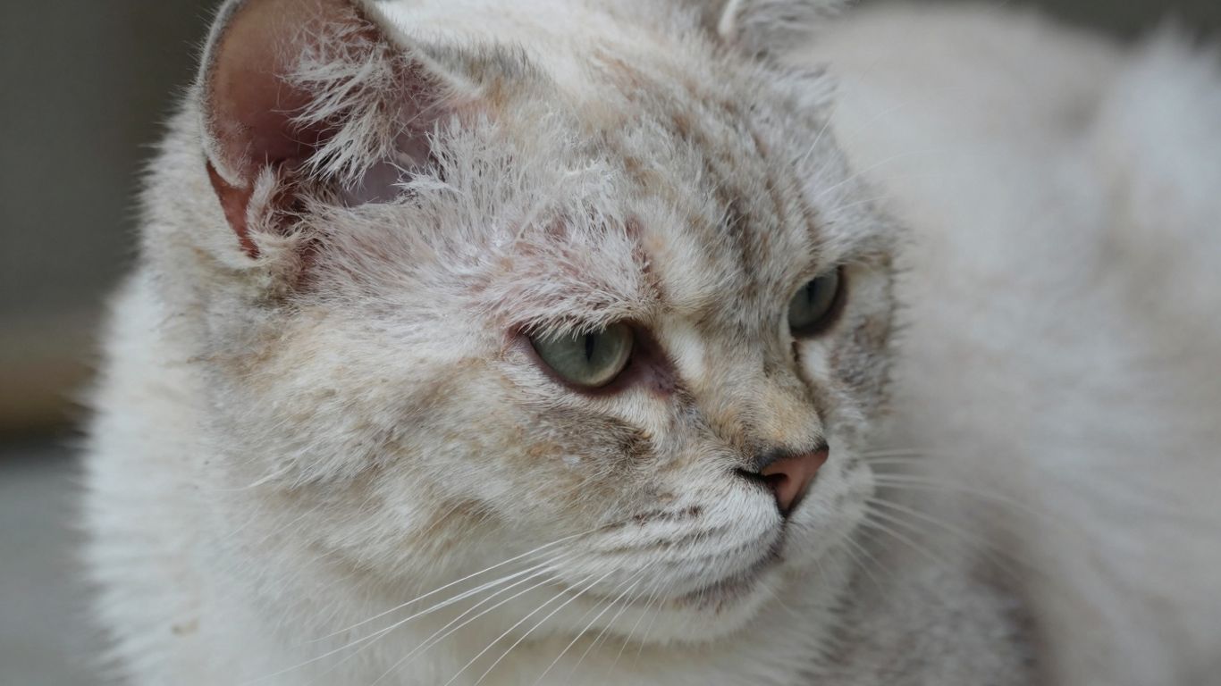 Cat with dry skin patches on its fur.