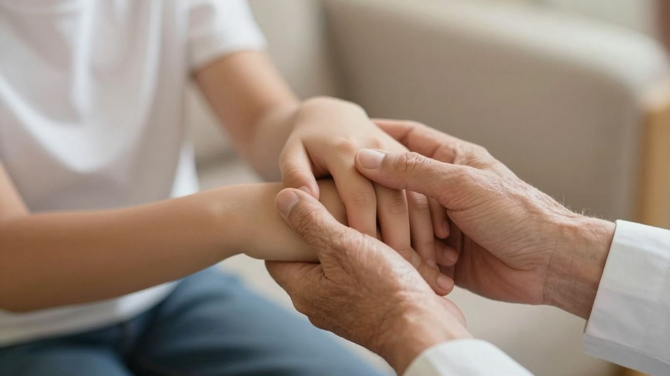 Adult child holding elderly parent's hand.