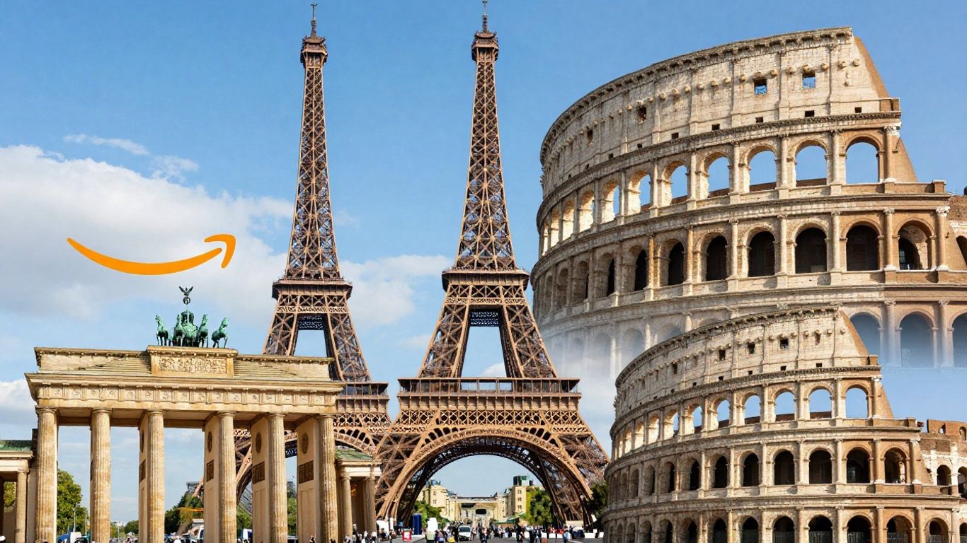 European landmarks and Amazon logo collage