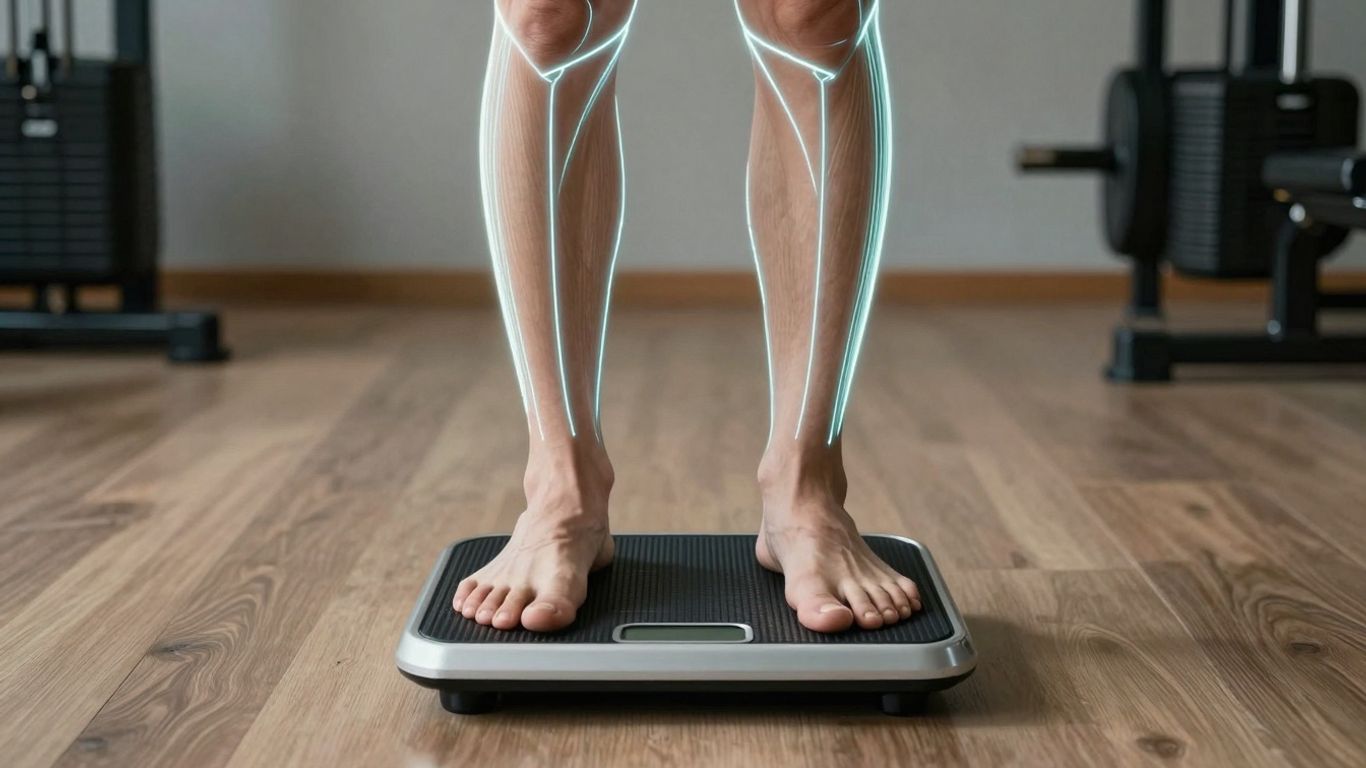 Pessoa em balança de bioimpedância, análise corporal completa.