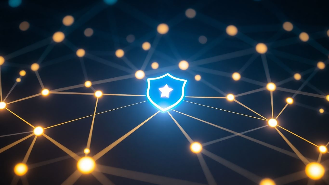 Secure digital network with shield icon.