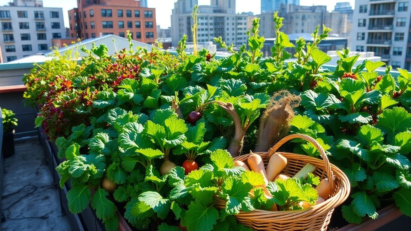 Städtischer Garten mit Wintergemüse und Stadtkulisse