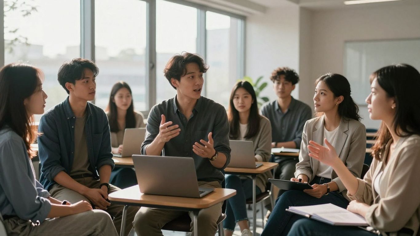 Profesionales que aprenden y colaboran en un entorno luminoso y moderno.