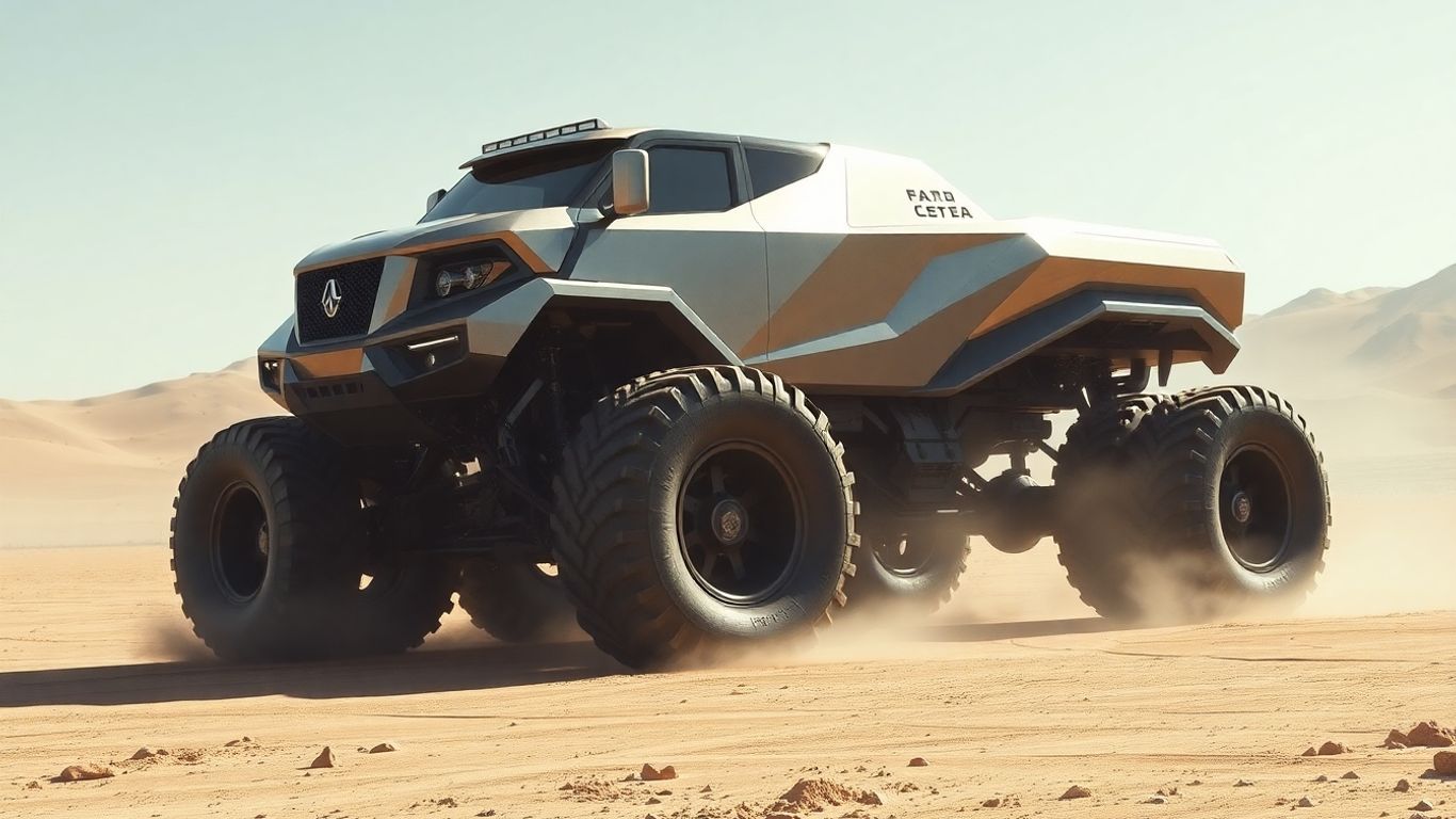 Futuristic six-wheeled Cybertruck concept off-roading.