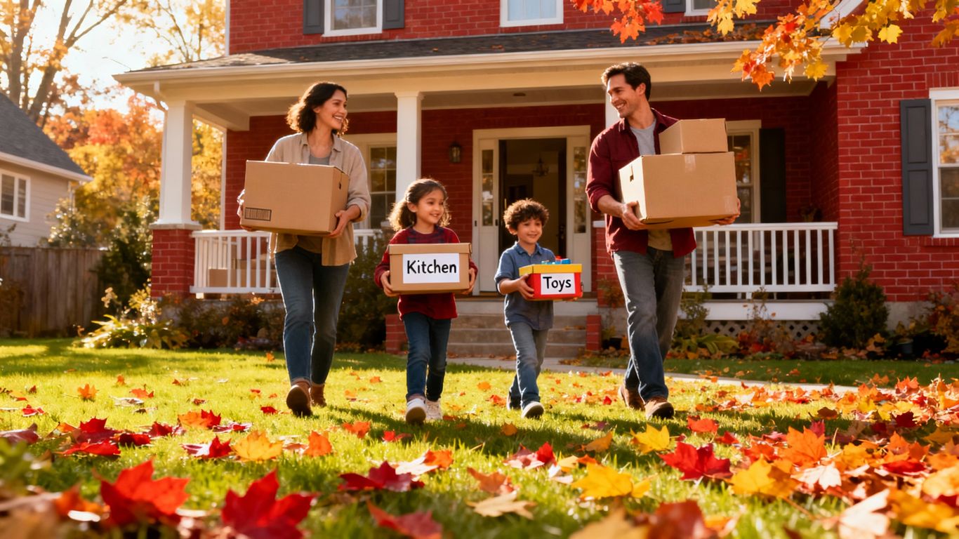 Family moving into a home in autumn.