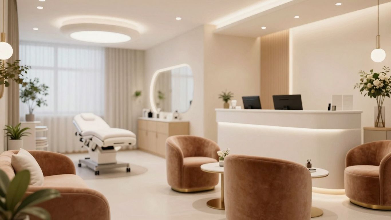 Modern beauty clinic interior with plush seating and elegant decor.