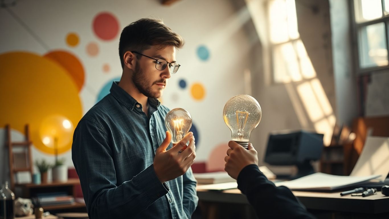 Person with lightbulb, creative tools, and sunlight.