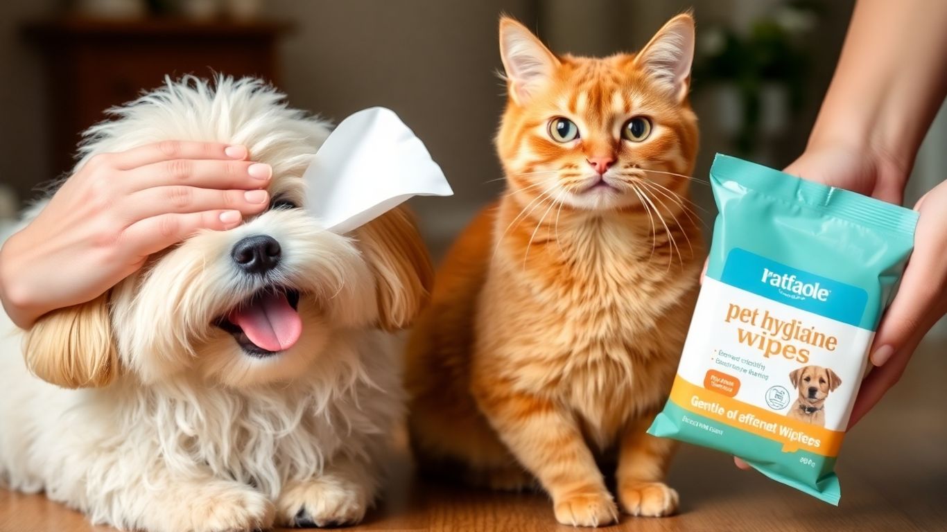 Happy dog and cat being cleaned with pet wipes.