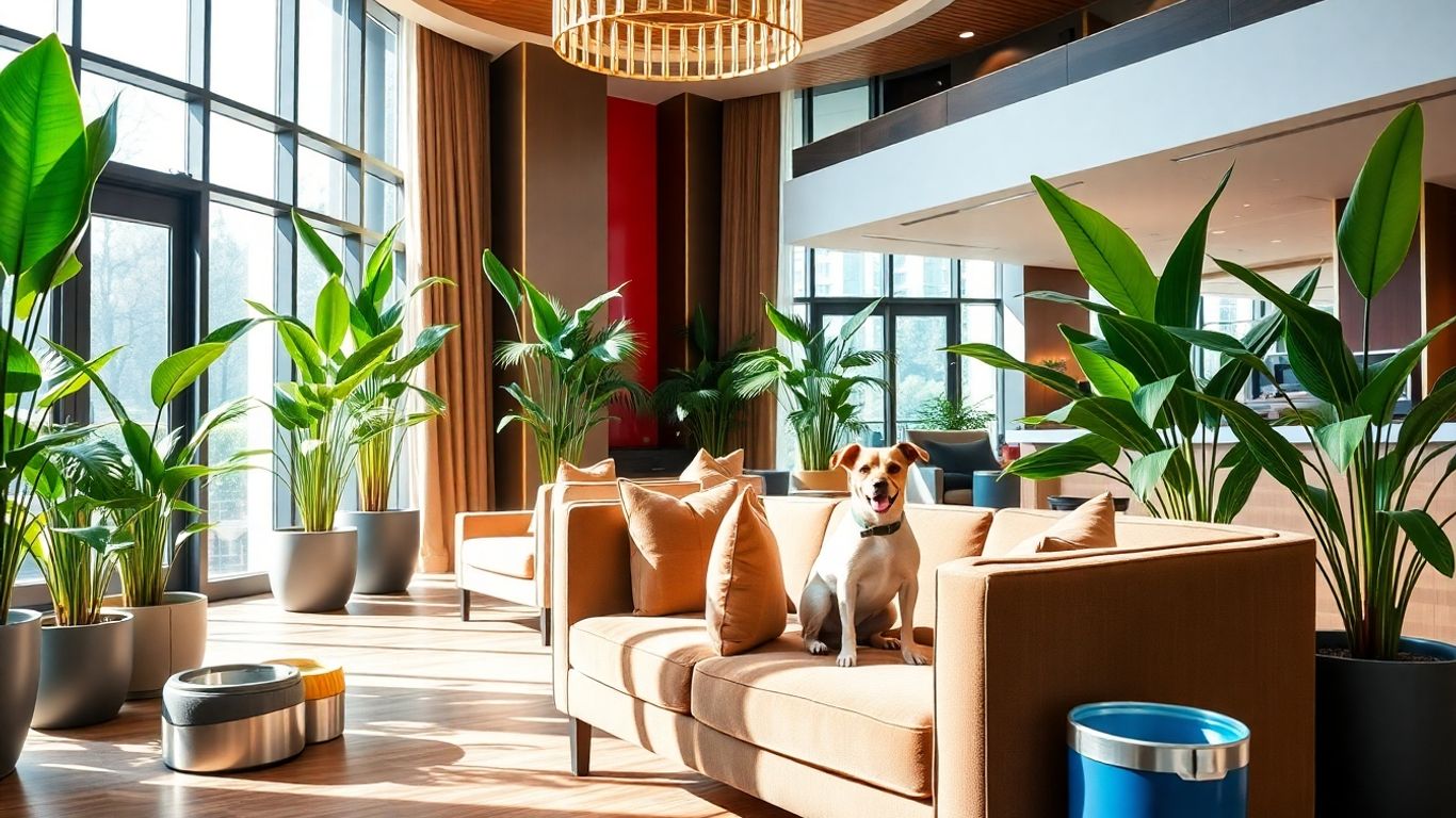 Dog relaxing in stylish hotel lobby with modern decor