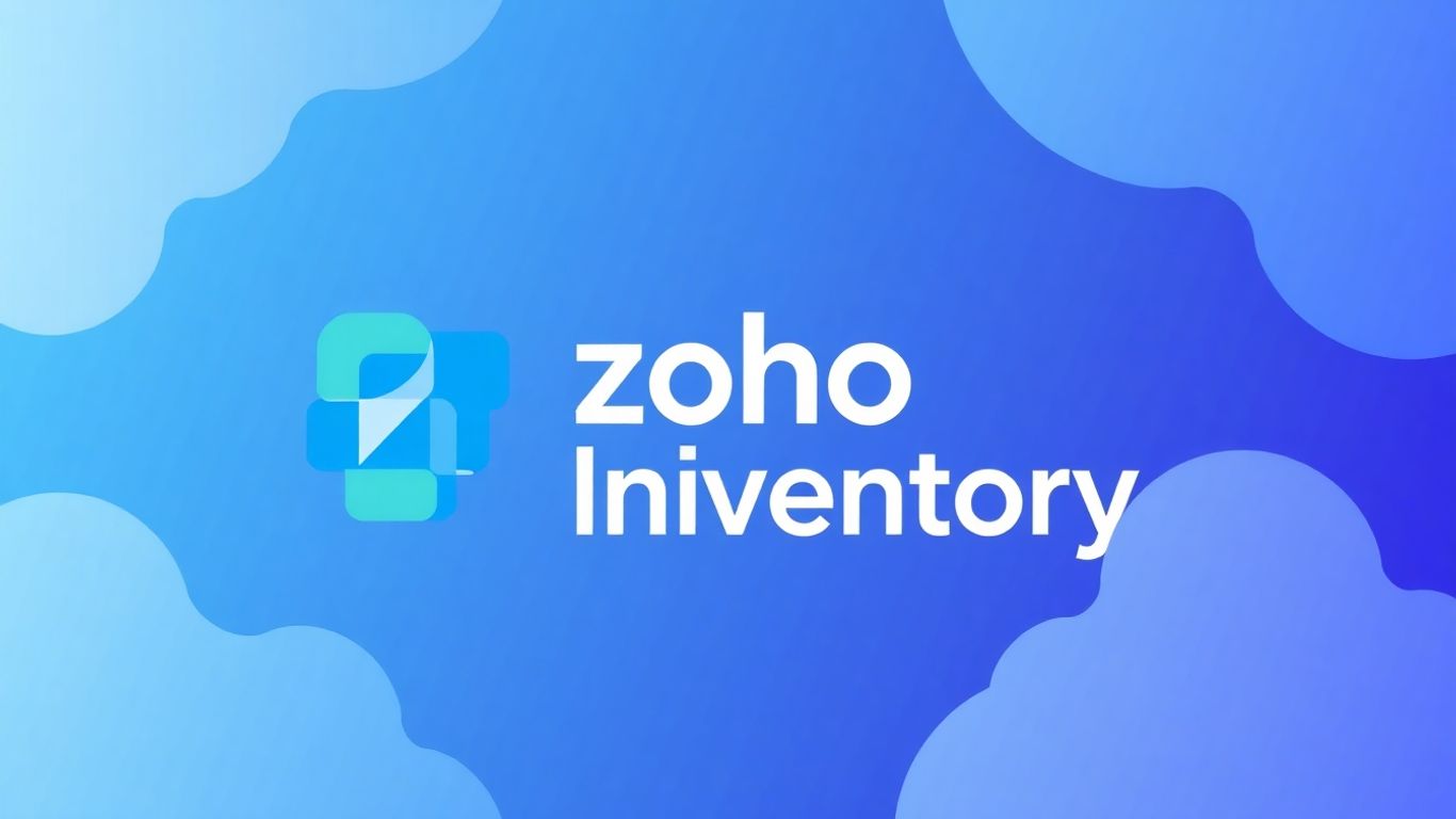 Zoho Inventory logo with abstract blue and white design.