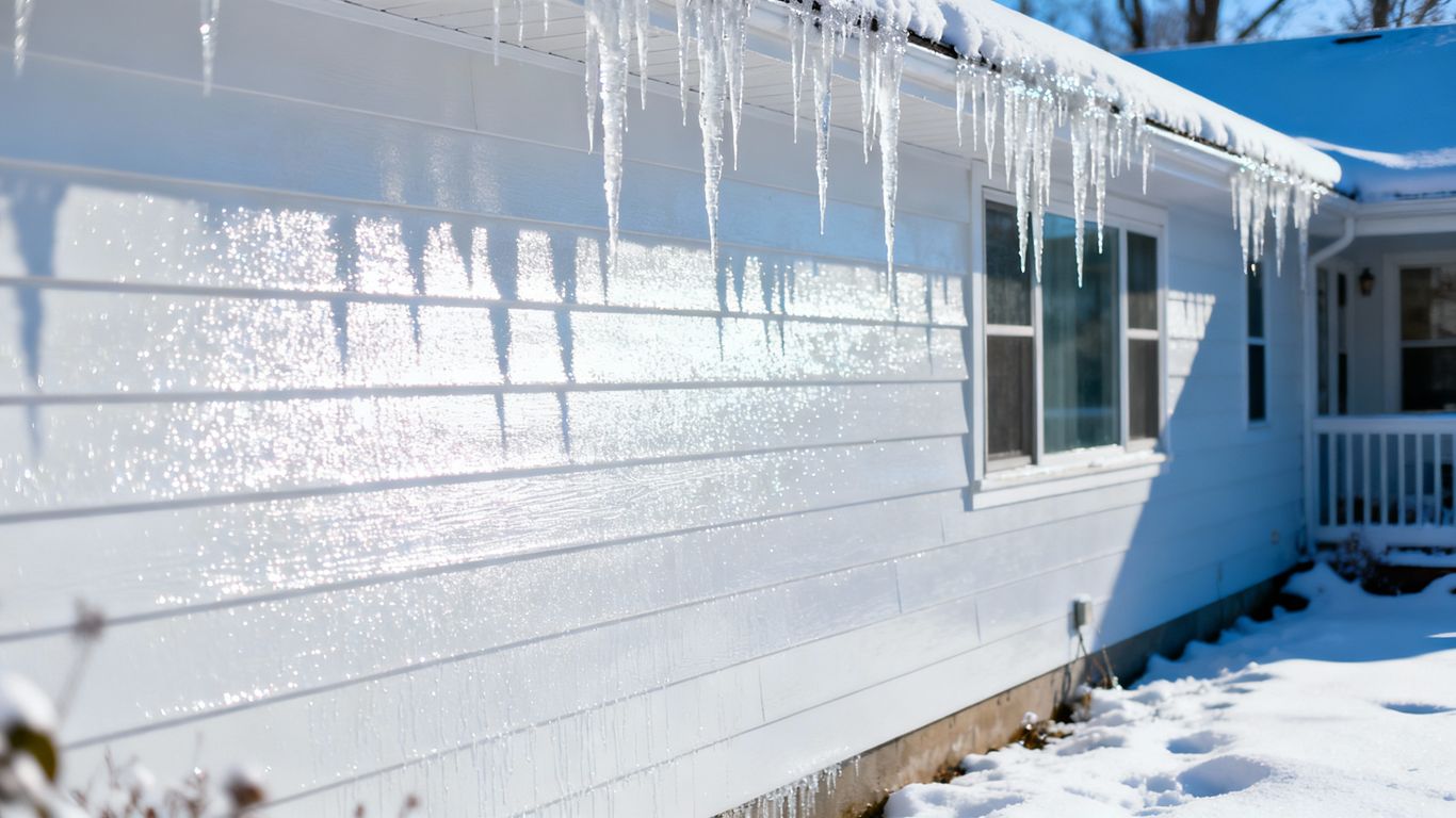Clean house exterior in winter with icicles and snow.