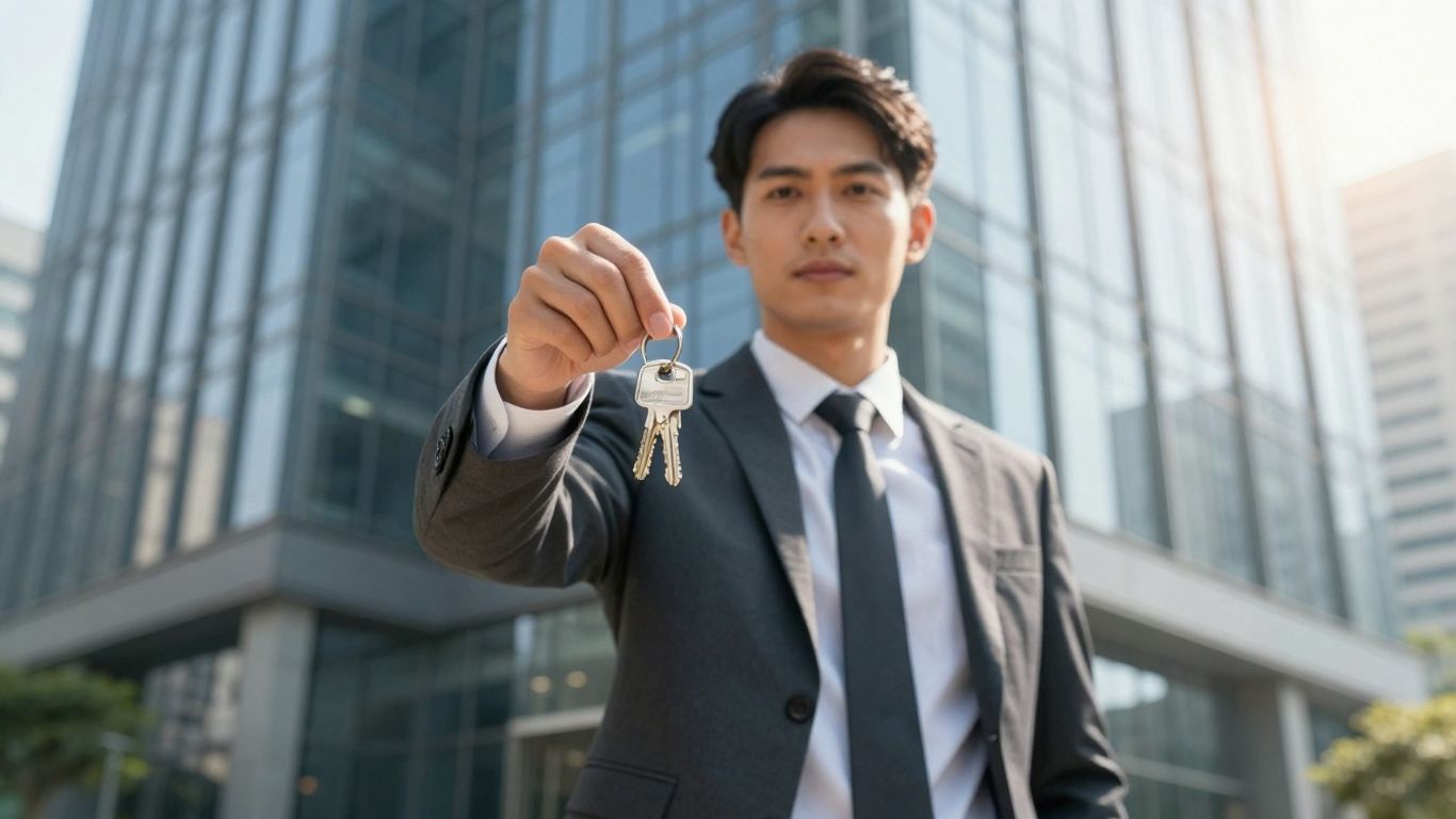 Real estate professional with keys in front of office building.