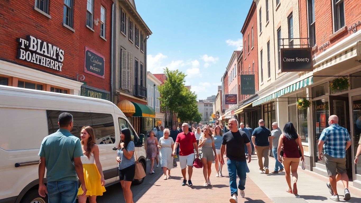 Bustling town street with diverse people and local businesses.
