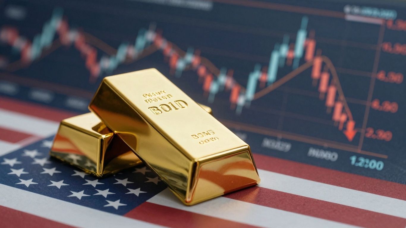 Gold bar and US flag with market movement visuals.