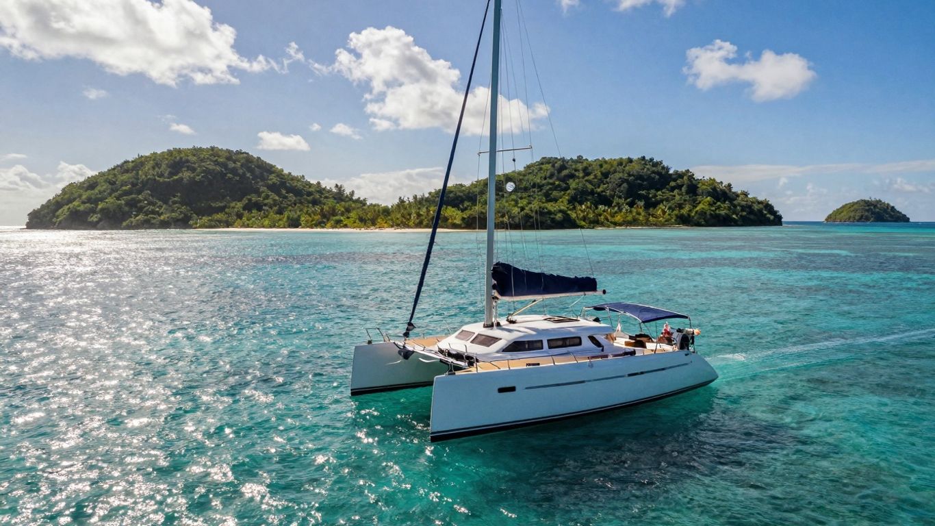Sailboat on turquoise water near tropical islands.