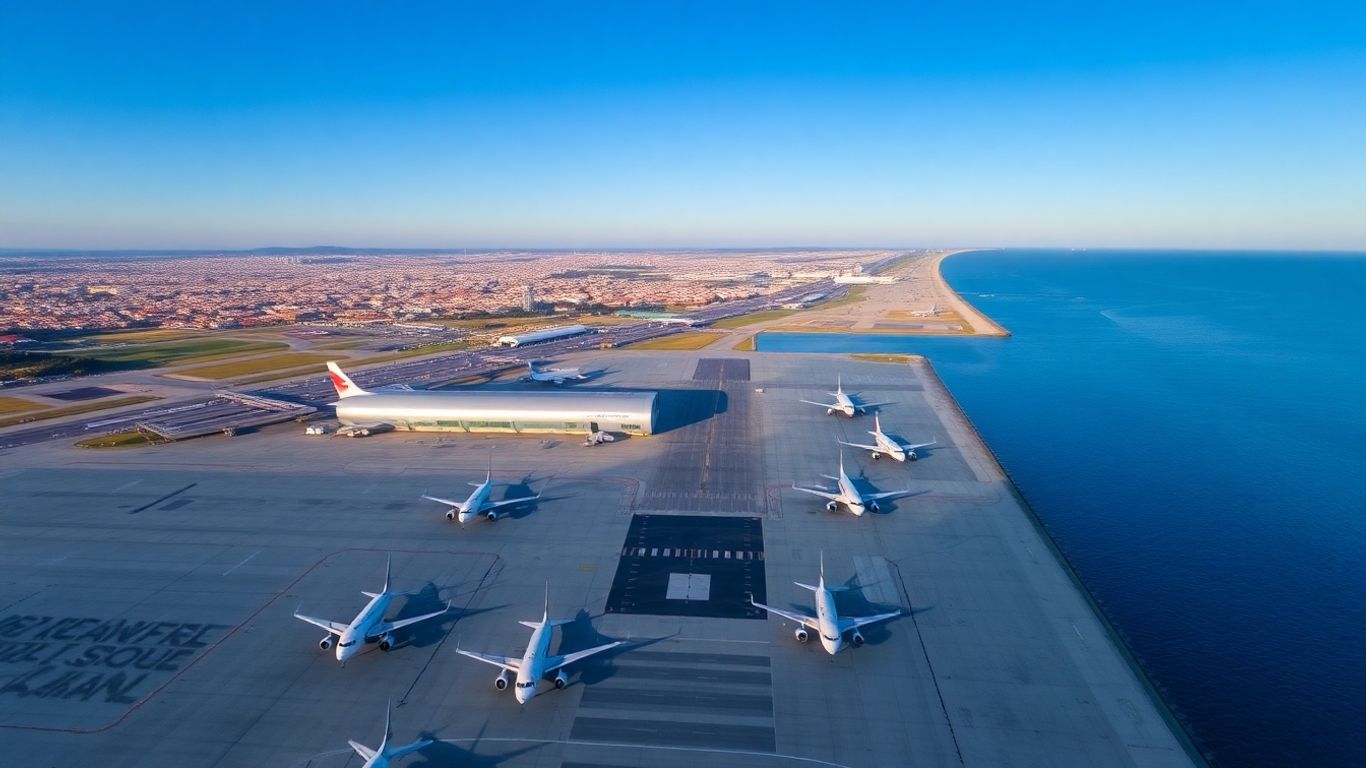 Aeroporto de Lisboa com aviões e terminal.