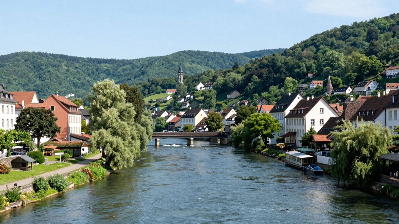 Fluss mit Städten und Brücken in Nordrhein-Westfalen