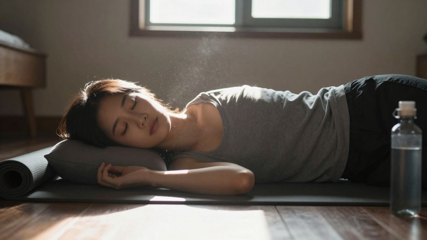 Person sleeping peacefully, healthy lifestyle items nearby.
